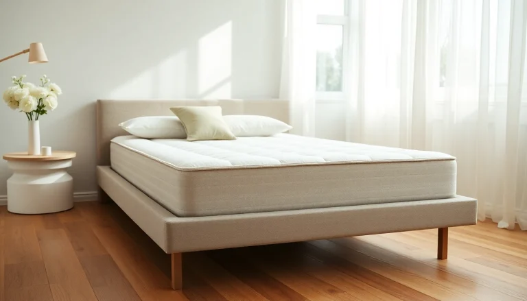 Visualize a low profile mattress box spring elegantly placed in a serene bedroom environment.