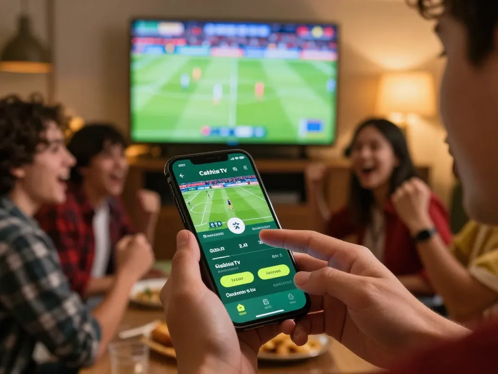 Cakhia tv user placing live sports bets on a mobile app amidst cheering friends and a lively game backdrop.