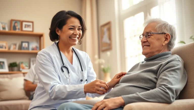 Caring interaction in home respite care showing a caregiver and an elderly individual in a warm environment.