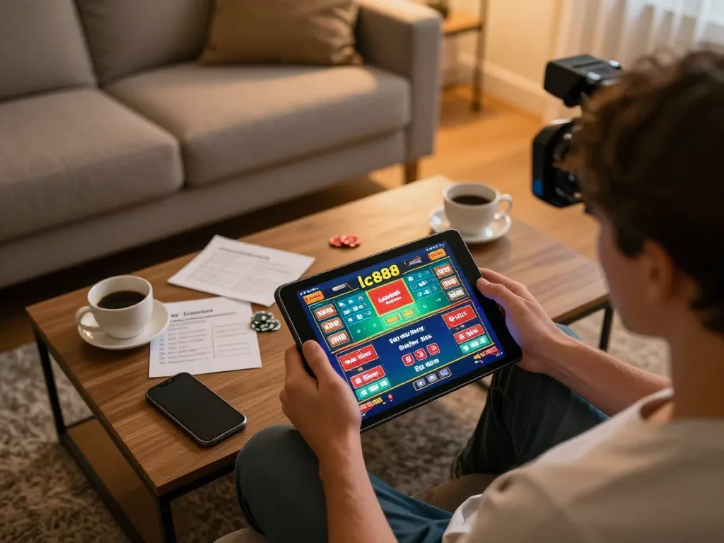 Player enjoying lc888 games on a tablet in a cozy home setting, capturing the thrill of online gambling.