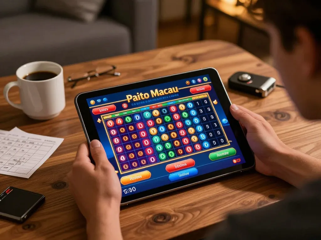Paito macau results displayed on a tablet during an evening online gaming session in a cozy home.