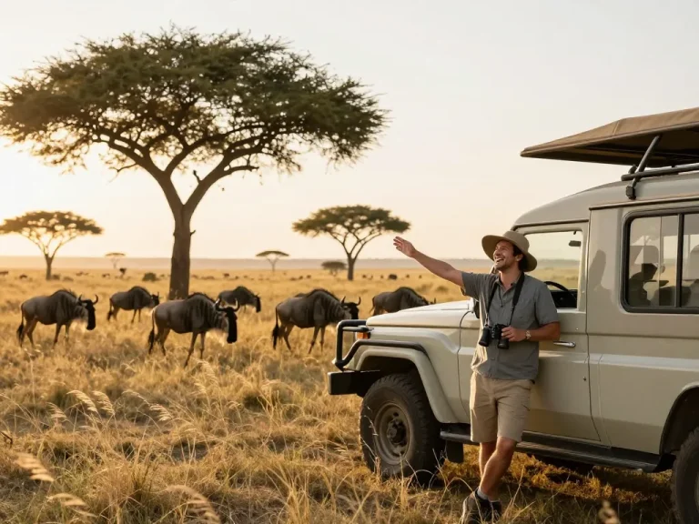 Tanzania safari tours adventure in Serengeti with traveler near wildlife viewing vehicle.