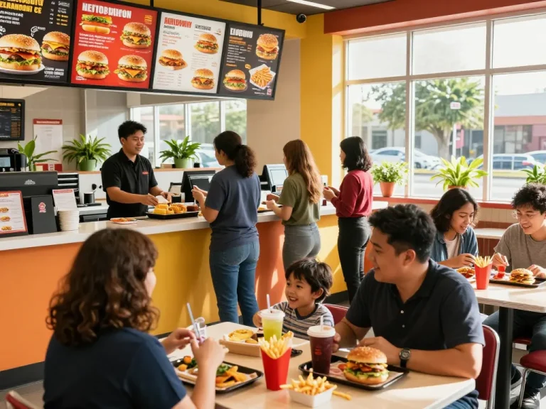 Fast food menu items displayed in a lively restaurant with smiling customers enjoying their meals.