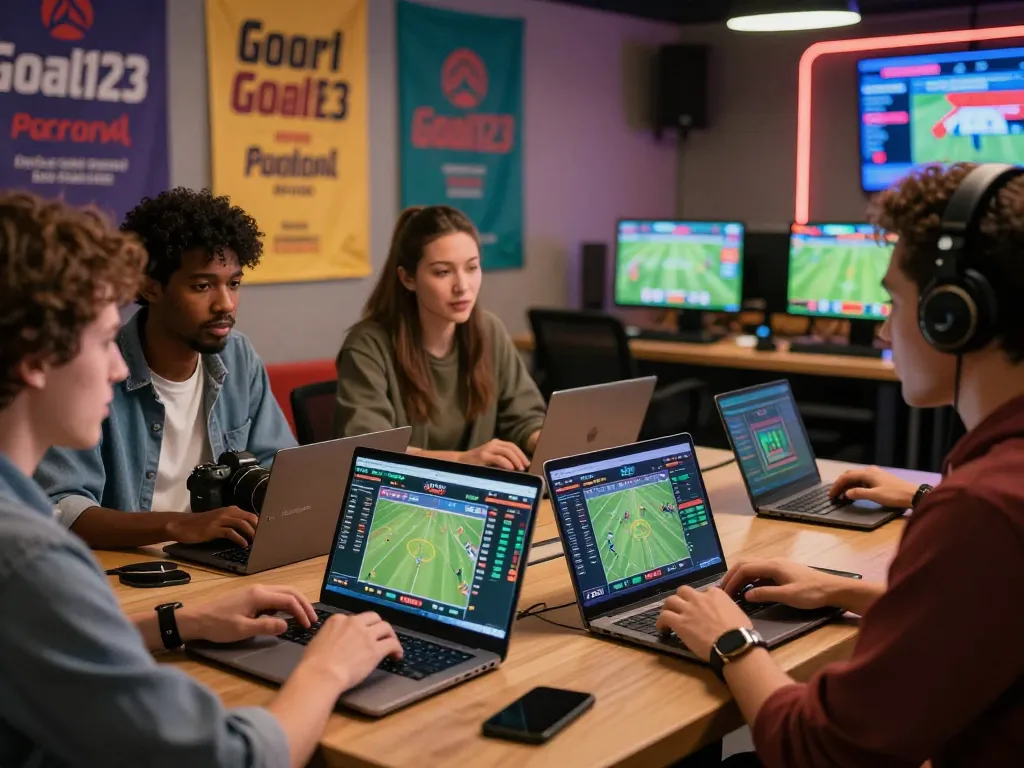 Goal123 online betting scene with friends discussing strategies and engaging in sports betting activities.