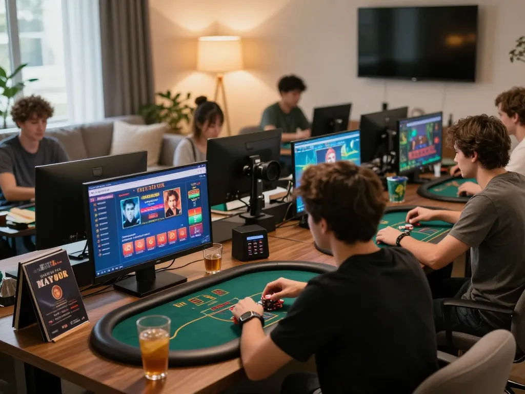 Players enjoying online casino games on MAY88 platform in a cozy home setup with monitors showing diverse gaming options.