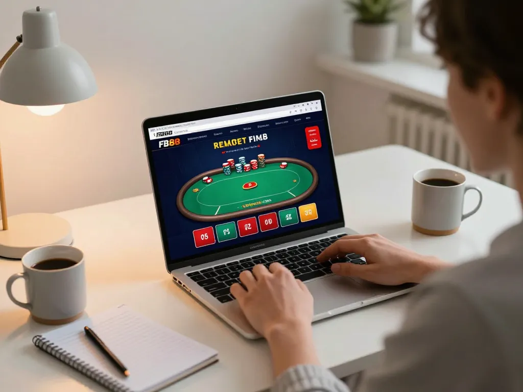 Engaging player using FB88 for online casino gaming at home, showcasing comfortable setup and interactive screen.