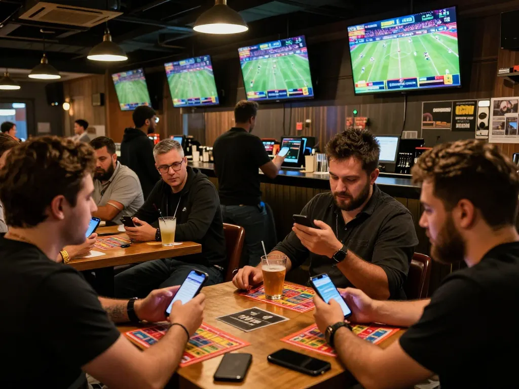 Engaged patrons placing bets on OKFUN at a lively sports betting event in a modern bar
