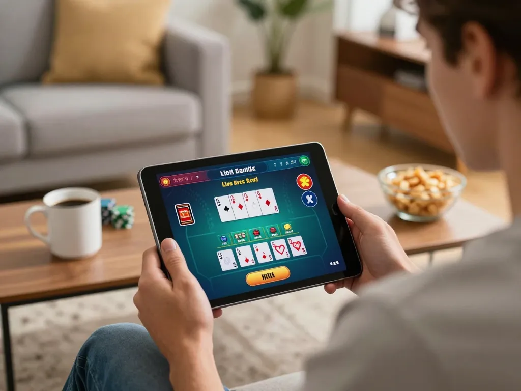 Player engaging in dn88 live dealer blackjack on tablet in cozy home setting, showcasing strategic online gaming.