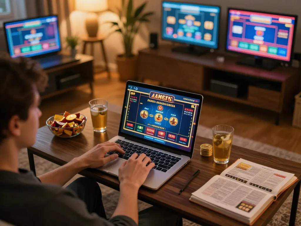 Engaging gameplay experience at home using casino senza licenza aams on laptop with strategy materials visible.