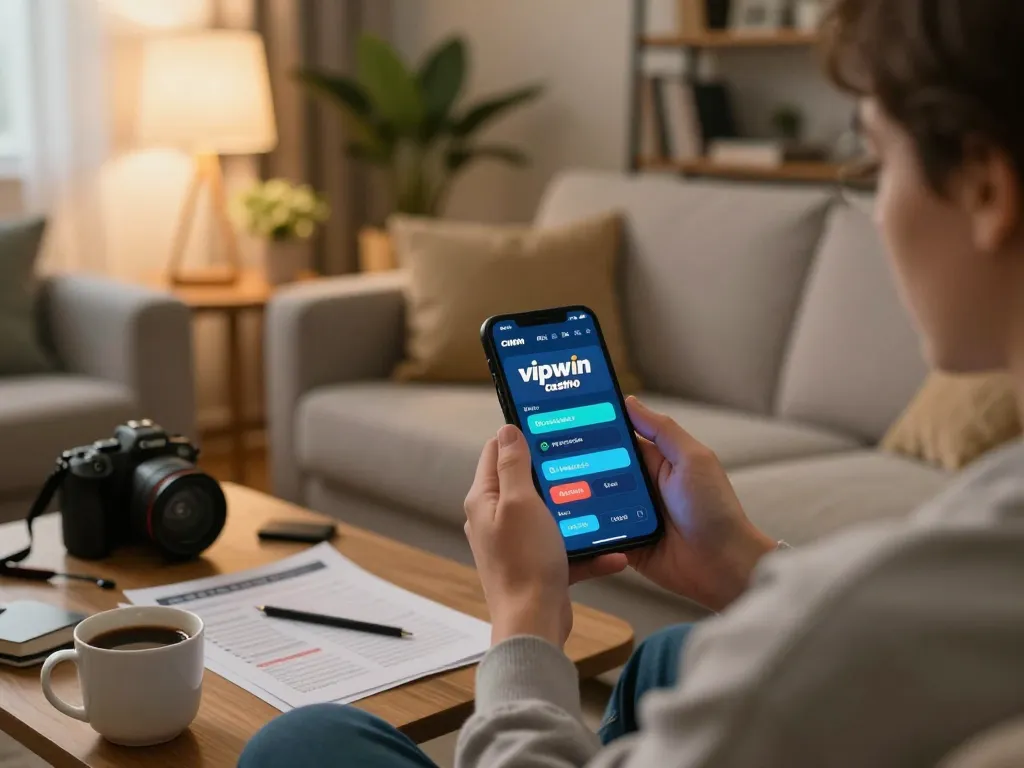 Player engaging with the vipwin app on smartphone while enjoying cozy home atmosphere with strategic notes
