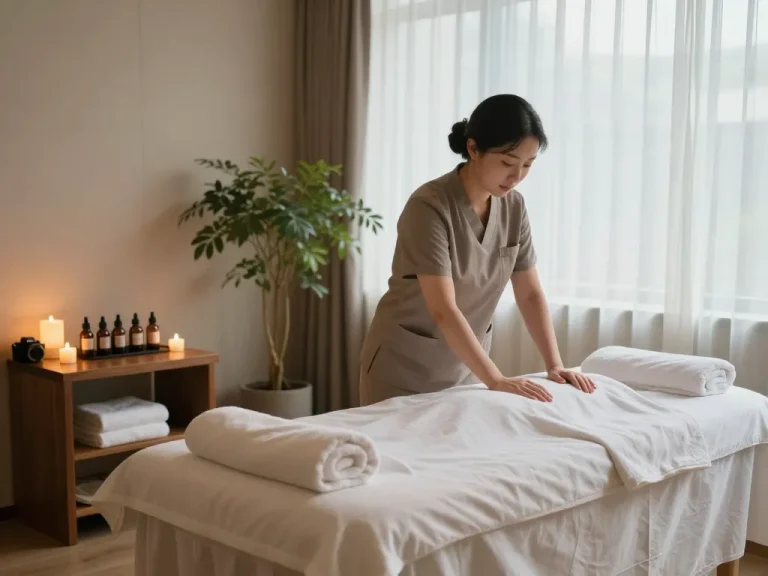 아로마 오일과 고요한 분위기로 강남스웨디시의 ambience를 보여주는 편안한 스웨디시 마사지 치료 세션.