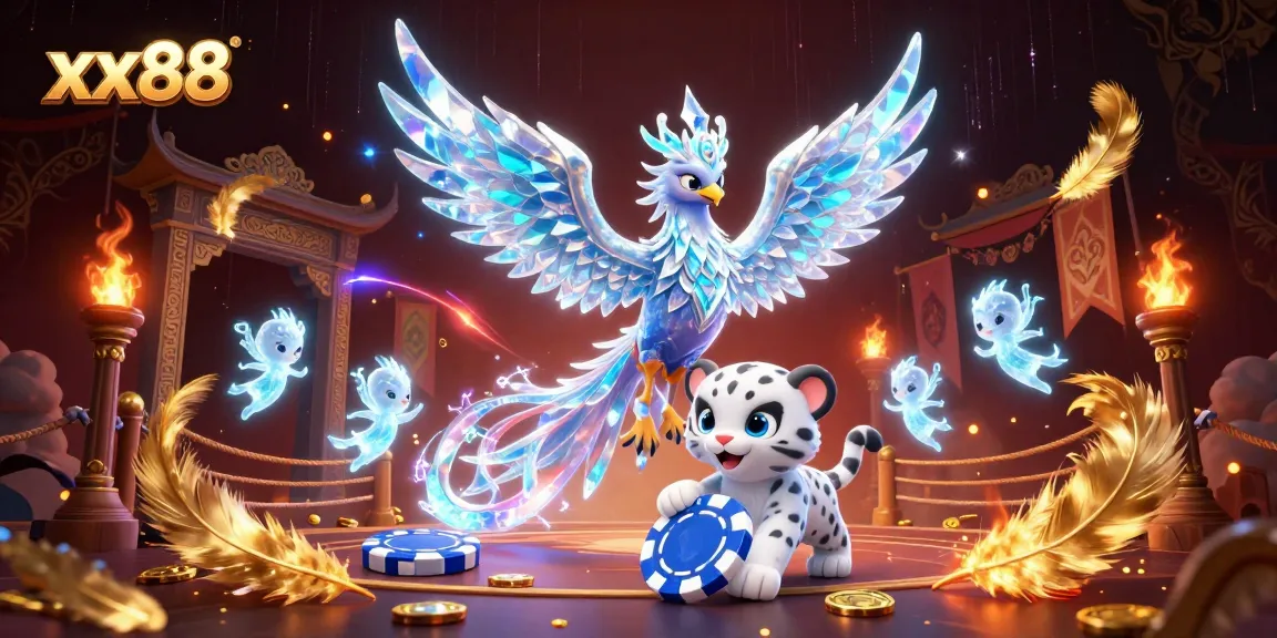 Engage with the thrilling gameplay at xx88, featuring an ice phoenix, glowing sprites, and vibrant casino elements.