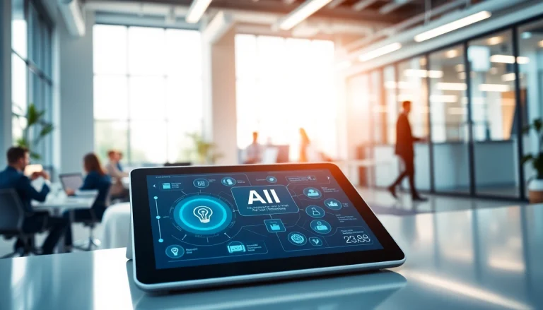 Showcase of an enterprise ai assistant in a modern office, highlighting collaboration and technology.