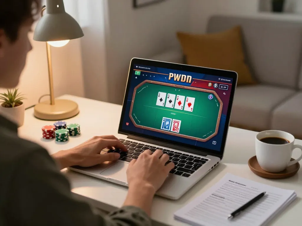Luck8 player engaging with online poker for strategic gameplay at home.
