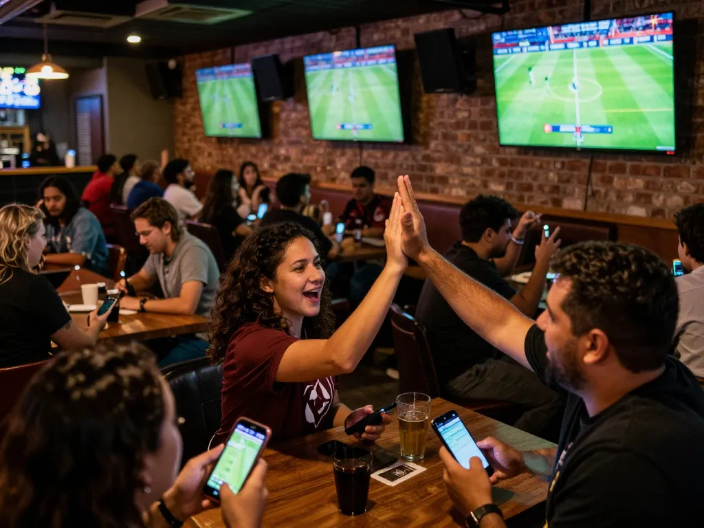Patrons engaging in sports betting at a vibrant bar, highlighting cakhiatv capital excitement and collaboration.