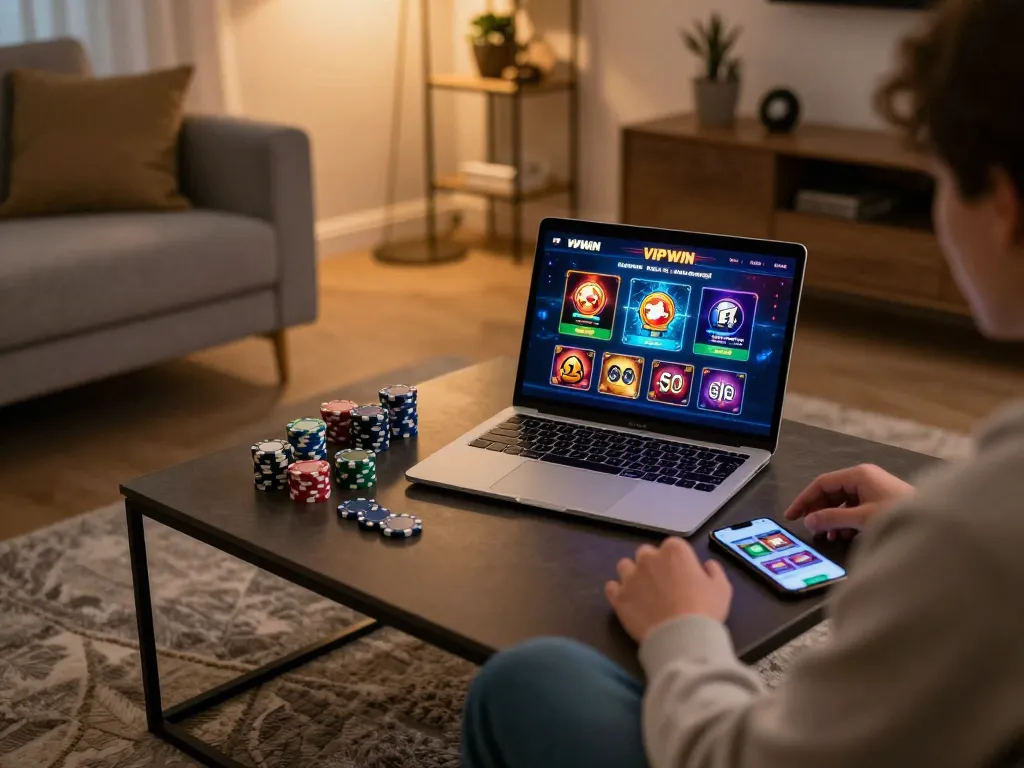 Engaging in VIPWIN online casino gaming with vibrant interface on laptop and poker chips.