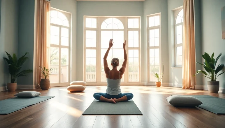 Engaging yoga pose symbolizing a natural back pain solution in a tranquil studio setting.