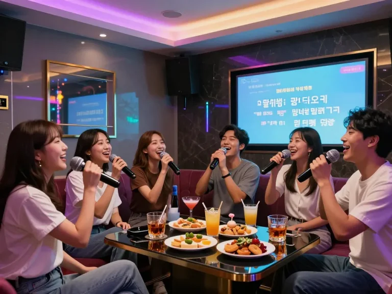 Enjoying a lively night at 강남가라오케 private room with friends singing and cocktails.