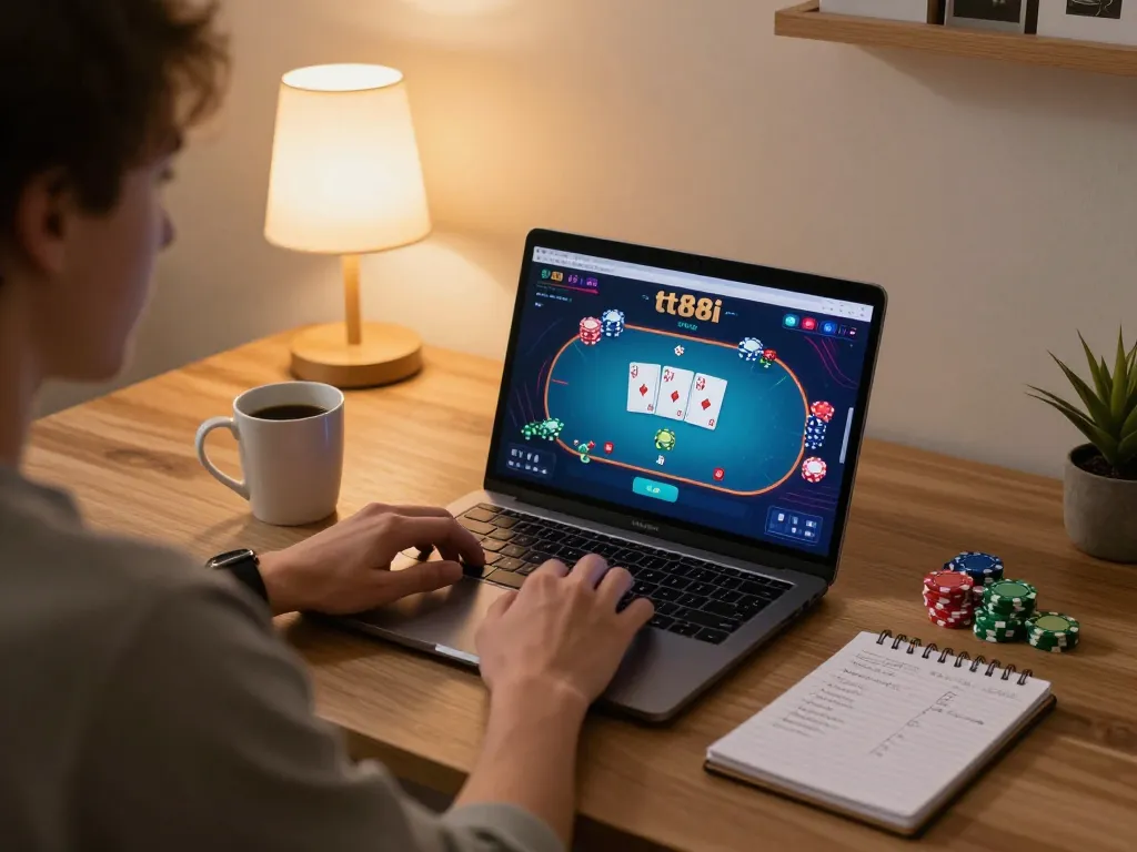 Player enjoying a poker game on tt88i platform with strategic notes and cozy home setup