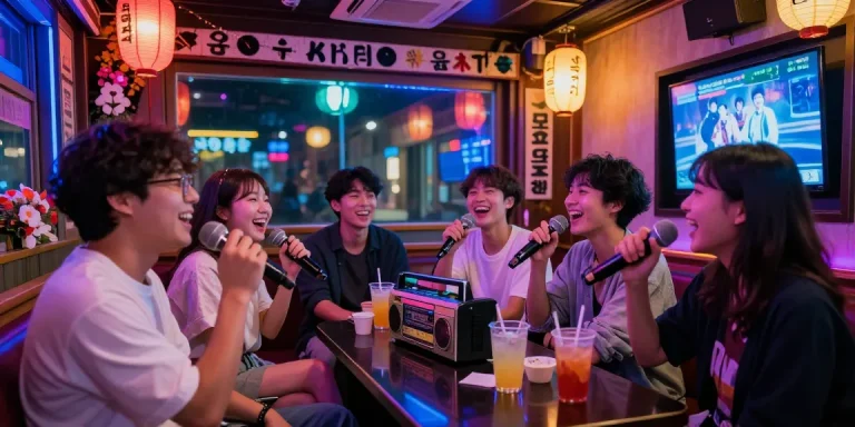 Fun 제주유흥 experience at a lively 노래방 with friends enjoying karaoke, colorful neon lights, and festive atmosphere.