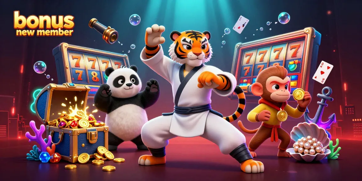 Engage with a vibrant scene showcasing a bonus new member in a thrilling casino atmosphere with dynamic characters.