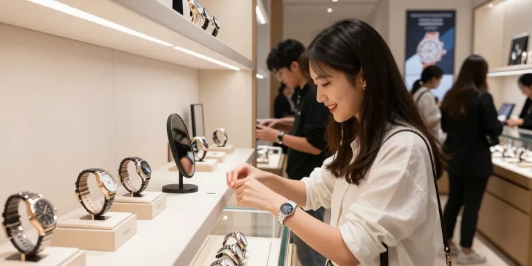 Stylish young woman trying on a 시계 레플리카 in a modern boutique, showcasing luxury watches and inviting atmosphere.