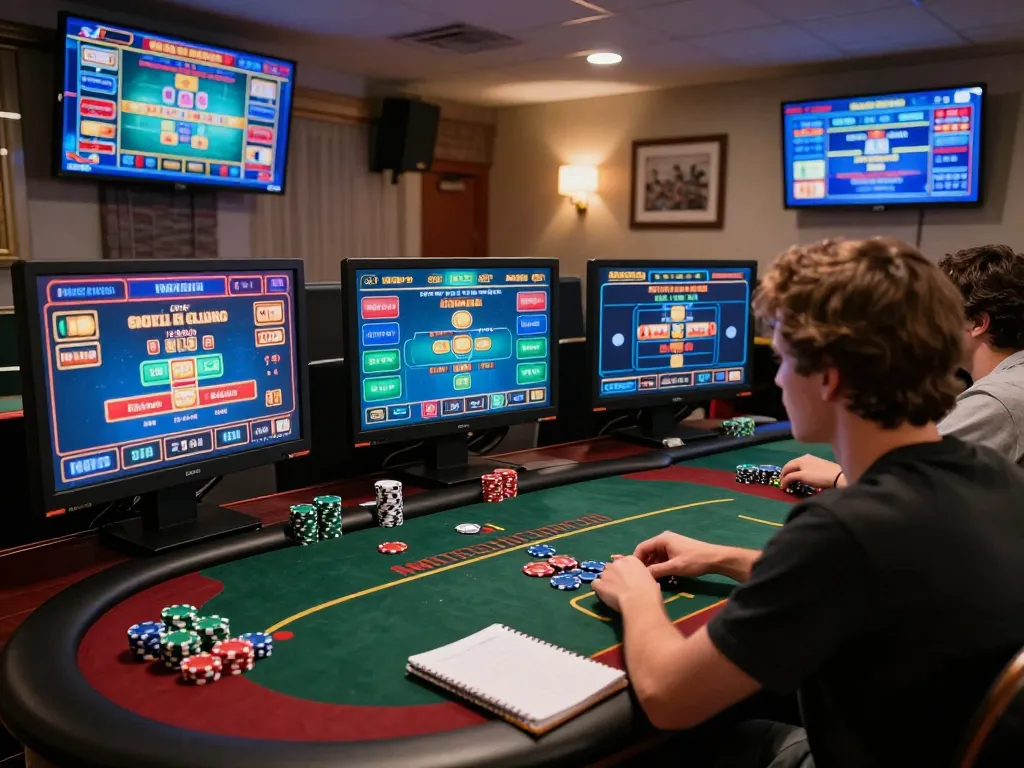 JPTOTO gaming enthusiast strategizing at a multi-screen online casino setup, engaged in thrilling gameplay.