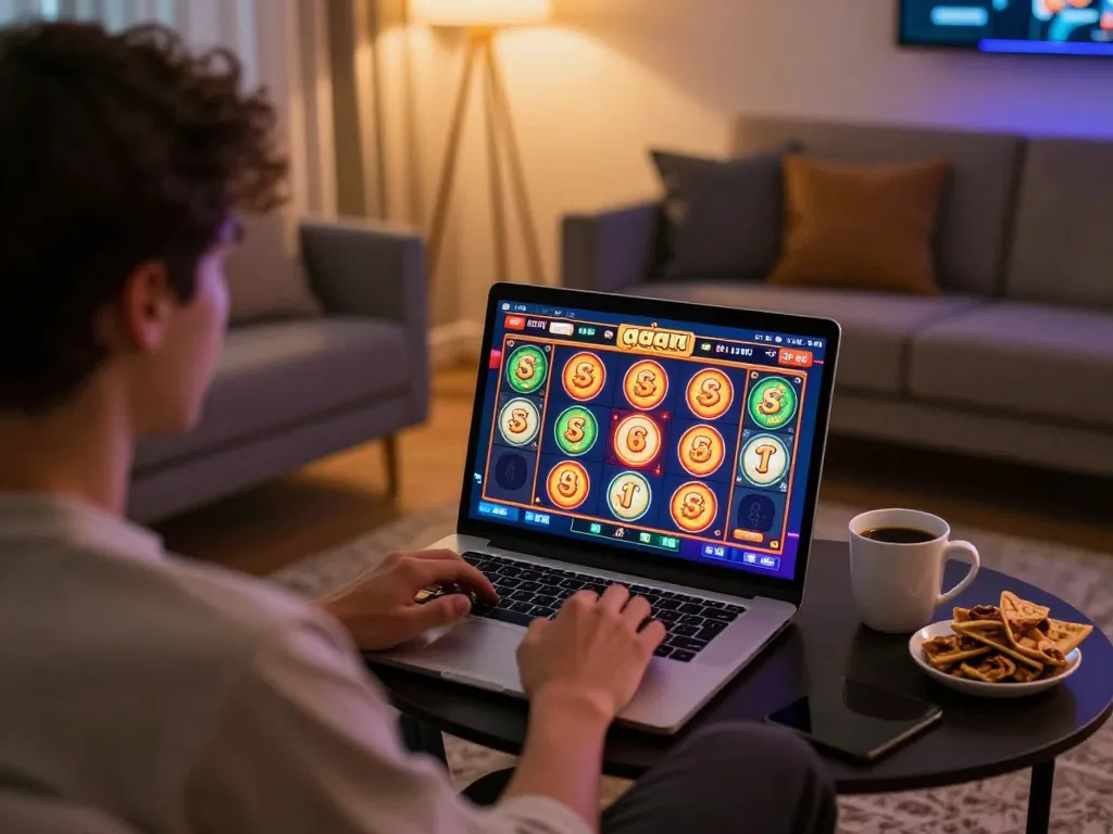 Player actively engaging in online casino gaming at home with cm88-vn interface on screen