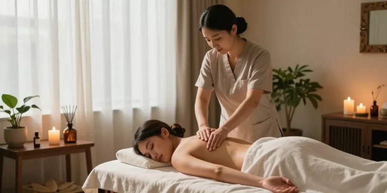Massage therapist performing a soothing массаж in a tranquil spa setting with calming ambiance and natural light.