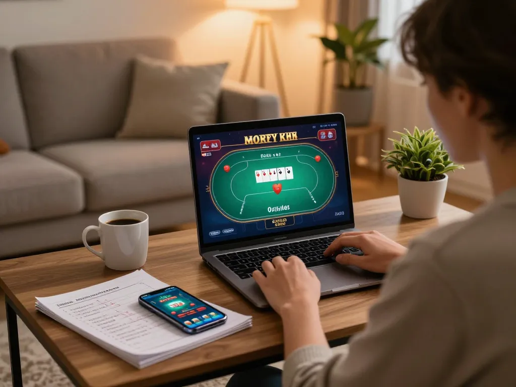Engaging in online gaming with 78WIN on laptop, showcasing strategic betting in a cozy home.