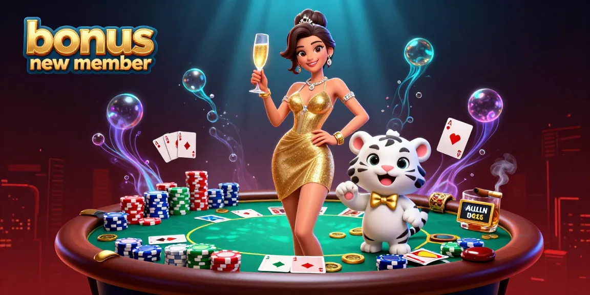 Celebrate winning with the stunning bonus new member offer, featuring a glamorous scene with casino elements.