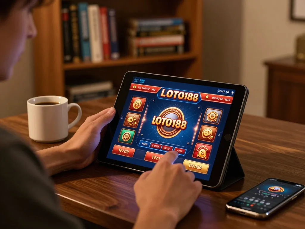 LOTO188 player engaging in online casino gaming with a tablet in a cozy home environment.