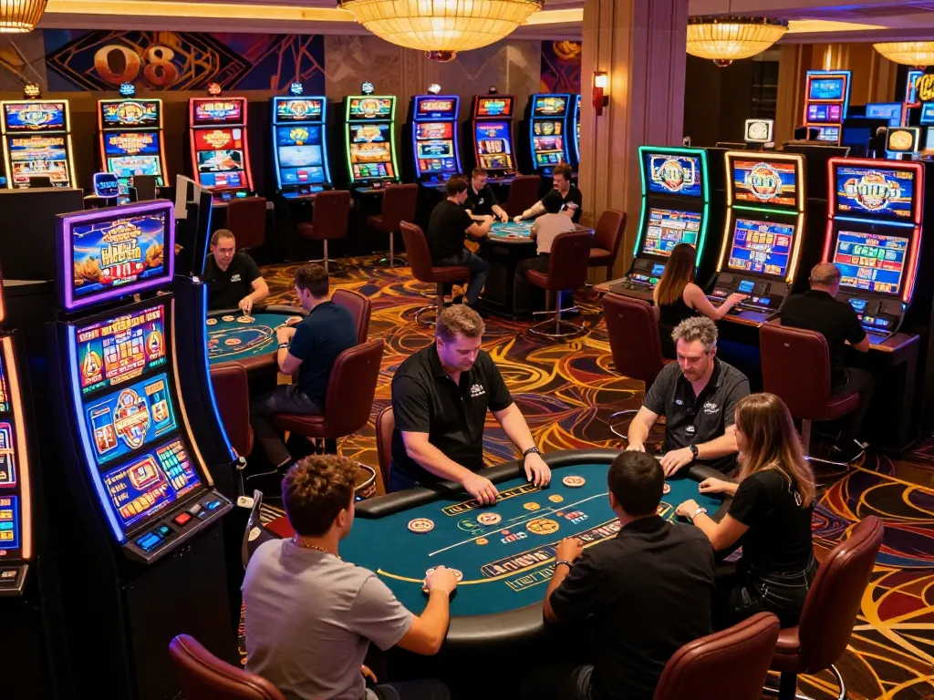 Players enjoying strategic gaming at O8 casino, vibrant slot machines visible