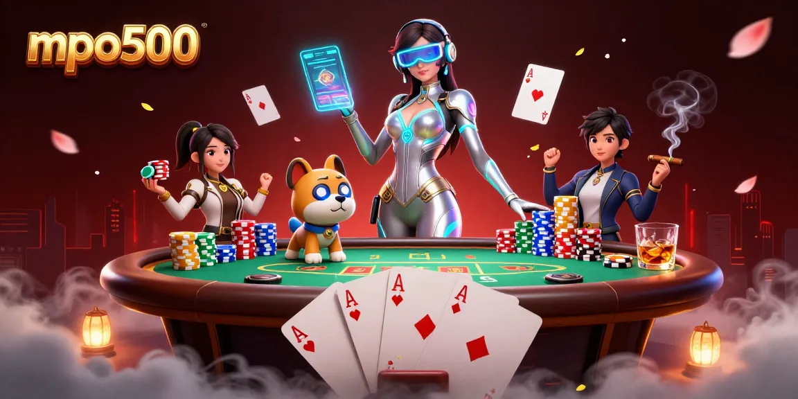 Experience the thrill of mpo500 with a stunning futuristic casino scene featuring futuristic woman and robot dog.