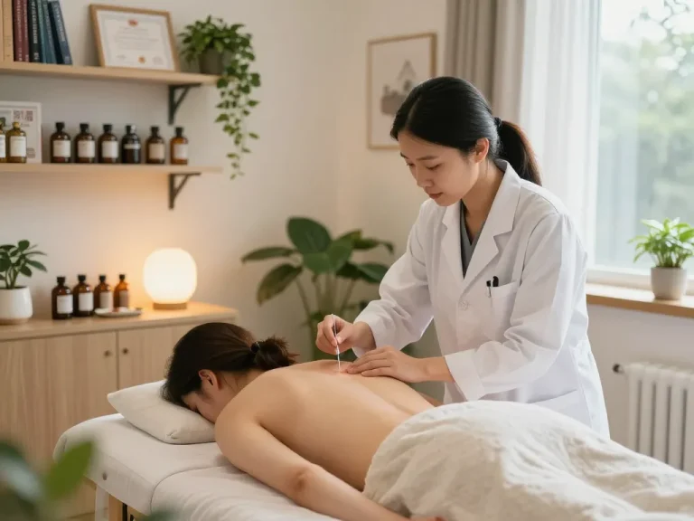 A serene treatment scene at 수원한의원 with acupuncture treatment and herbal remedies.