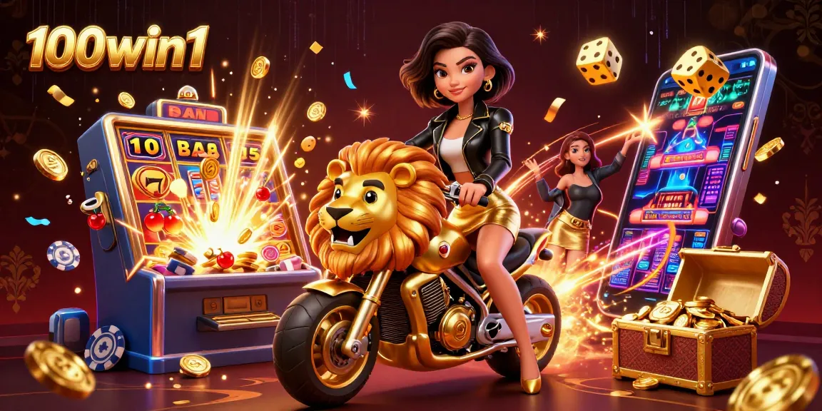 Experience the thrill of winning at 100win1 with a vibrant casino-themed illustration of a dynamic gambling scene.
