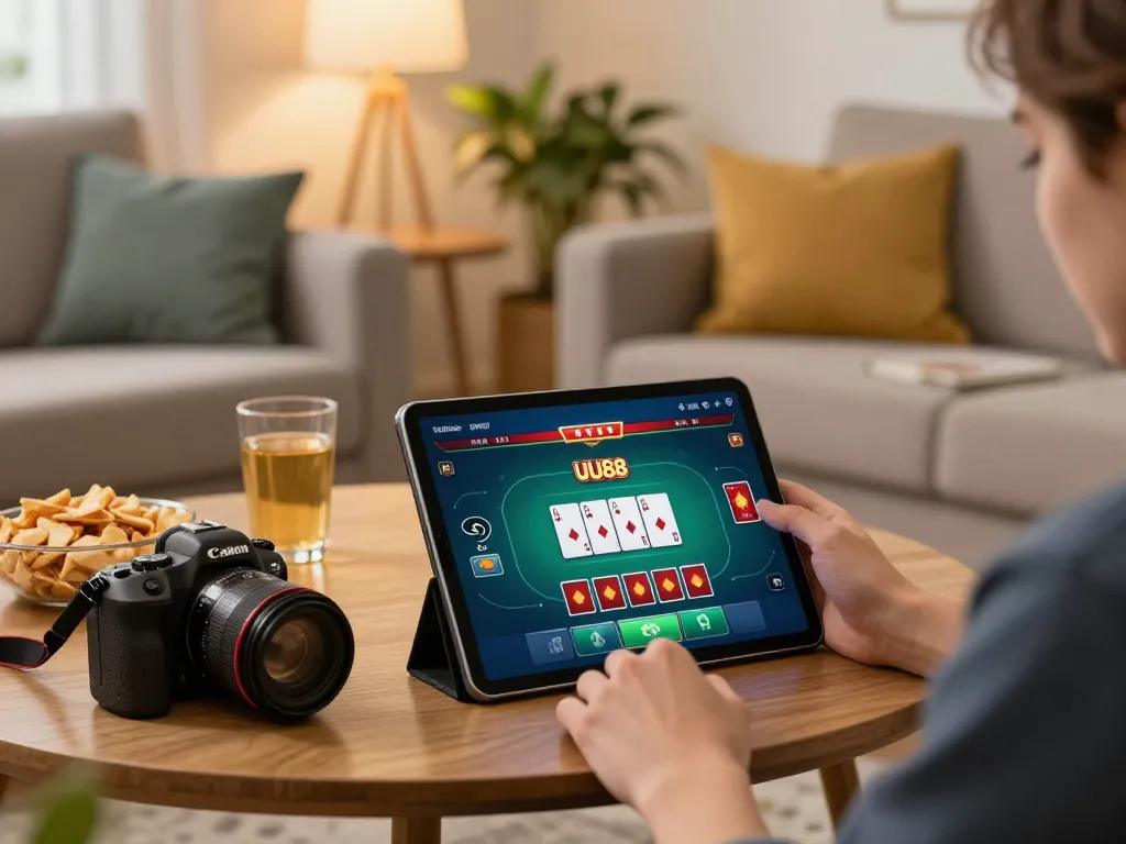 Player engaging with UU88's online poker game on a tablet in a cozy home setup