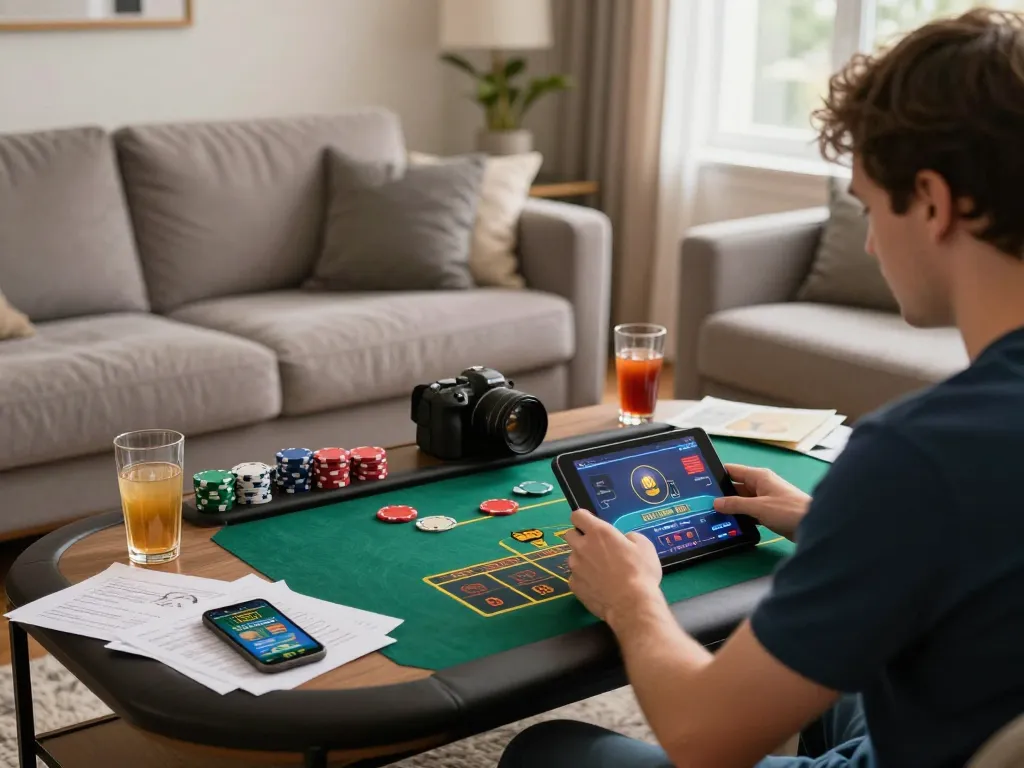 Engaging in online casino gaming, showcasing superjp interface on tablet amid cozy home setting.