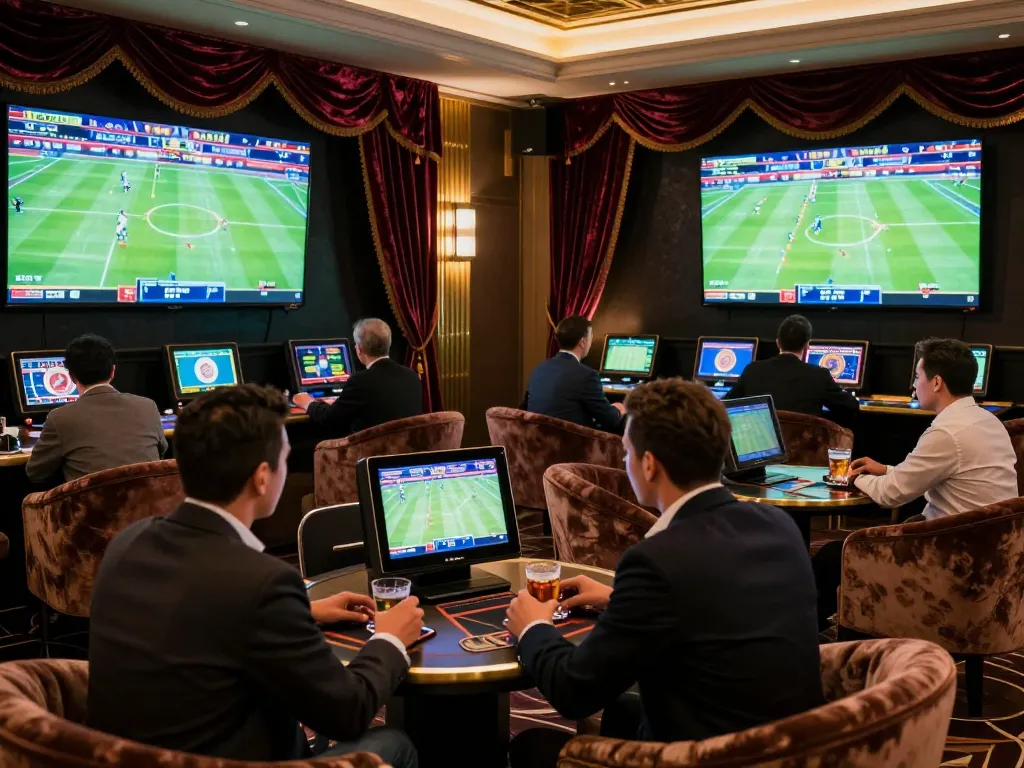 MAY88 sports betting enthusiasts engaging in wagers within a luxurious lounge atmosphere