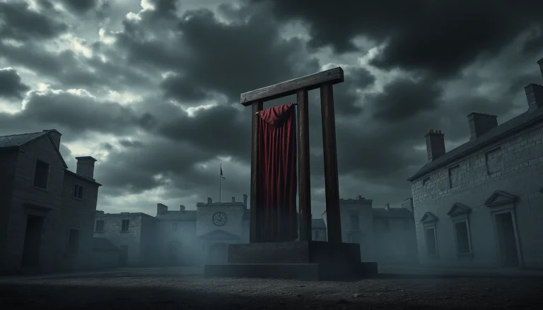 Guillotine origin phrase depicted in a historical scene showing a moody, atmospheric guillotine.