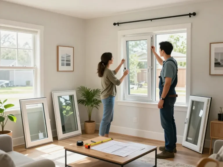 Window replacement consultation in a bright living room with homeowner and contractor.