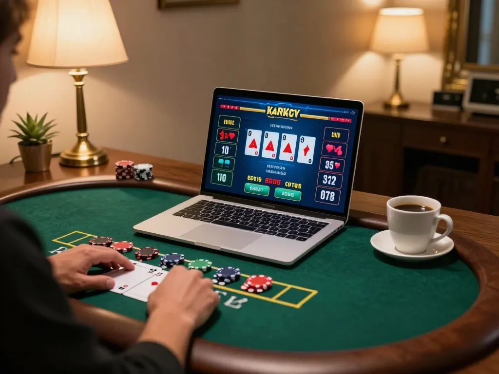 Engaging in online blackjack with alo8 interface in a cozy home office setup showing strategy notes.
