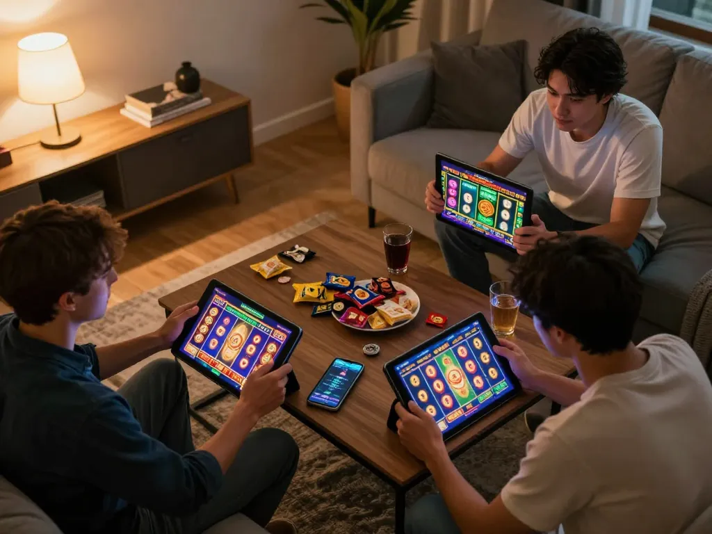 Players enjoying a thrilling hoki slot session on tablets at home, showcasing vibrant game screen.
