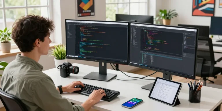 快连 software developer in modern office coding on dual screens