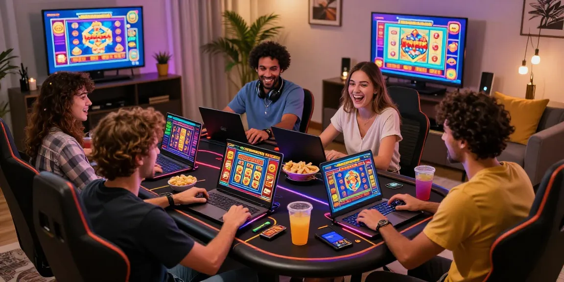 Diverse group enjoying a night of gaming with Pragmatic slots on laptops and snacks.