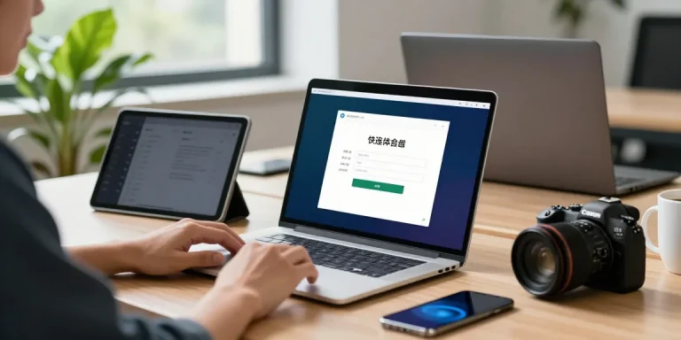 快连 installation process on a laptop in a modern workspace with tech gadgets.