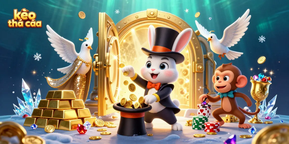 Engage in exciting kèo nhà cái action with a whimsical scene featuring a magician rabbit, dazzling dove, and clever monkey amidst opulent treasures.