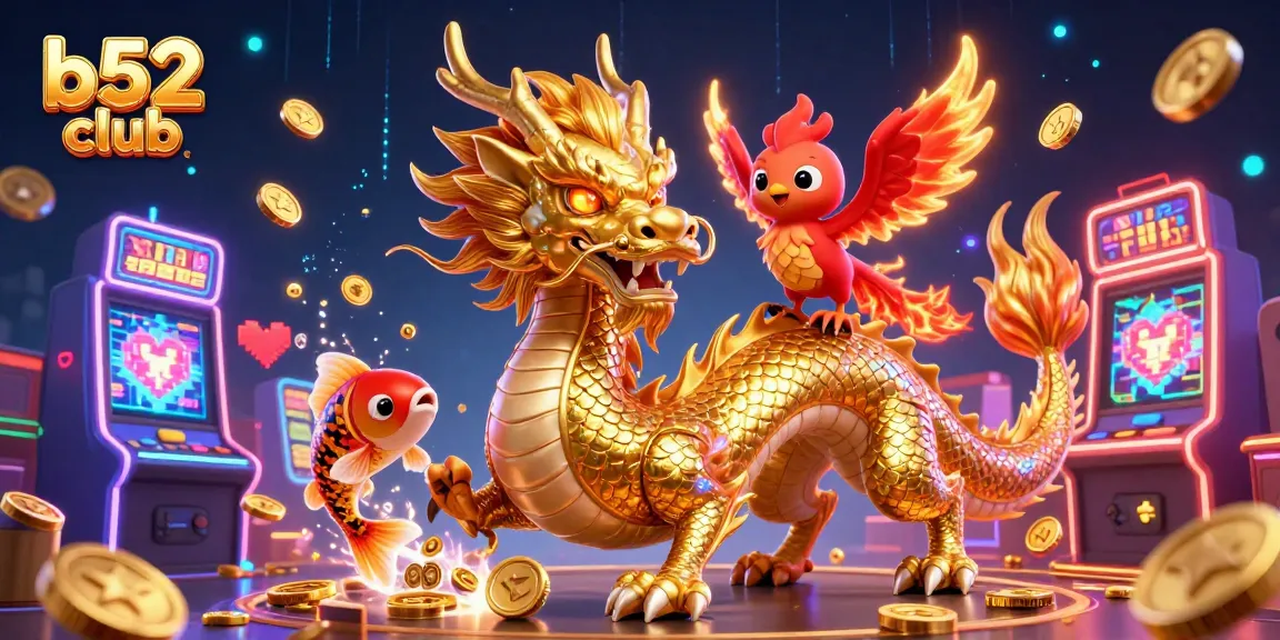 Experience thrilling wins at b52 club with an exciting 3D illustration of a dragon, phoenix, and koi fish.