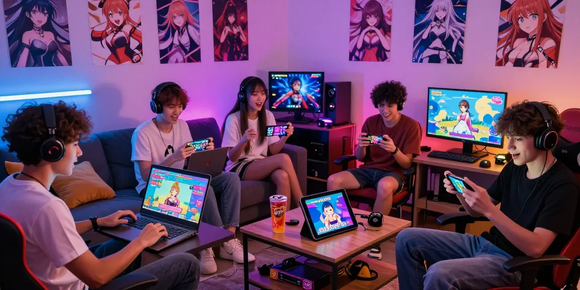 Engaged players enjoying hentaigames in a colorful gaming room filled with anime art and energy drinks.