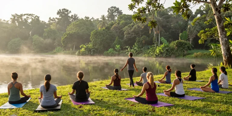 Participants in yoga teacher training Sri Lanka meditating by Koggala Lake at sunrise, serene natural backdrop.